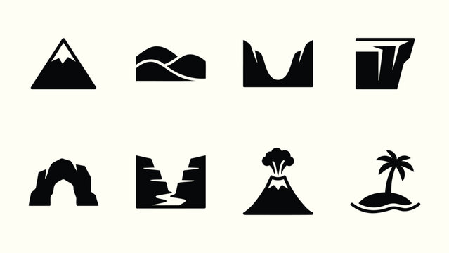 Minimalist solid black geographic landform and nature icon pack vector