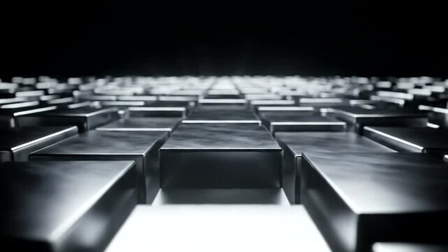Abstract Metallic Grid Background Loop - Futuristic Dark Surface with Reflective Blocks.
