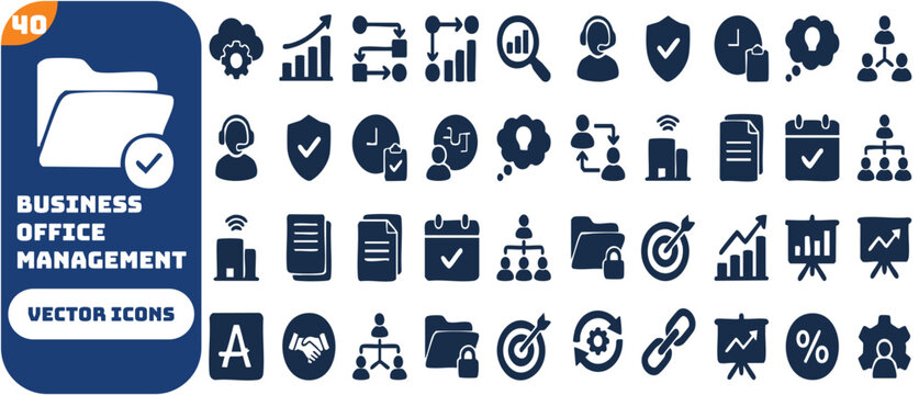 Business and office management icon set featuring financial management, team collaboration, data analysis, project strategy, recruitment, cloud office, and workflow automation symbols.
