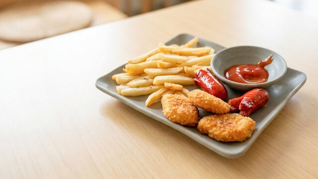 Delicious fast food snack selection served on a minimalist plate. Warm light highlights the crispy textures. Great for lifestyle content illustrating cheat days or everyday casual family meals.
