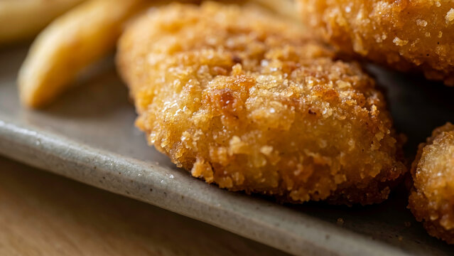 Detailed texture of crunchy breaded deep fried food glistening with oil. Warm lighting emphasizes the golden crust. Ideal for junk food campaigns, frozen meal packaging, and delicious comfort food.