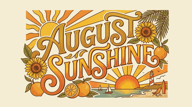 August Sunshine Summer Vibes Retro Beach Scene with Oranges and Sunflowers