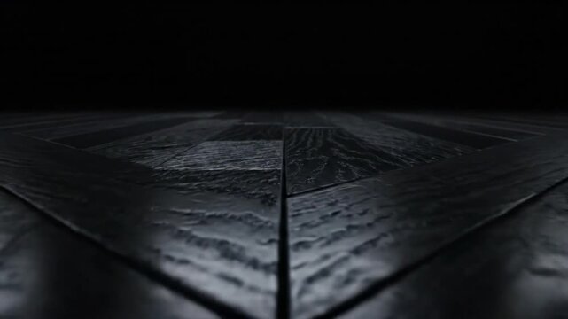 Dark wooden floor with blue neon line reflecting light in a futuristic background.