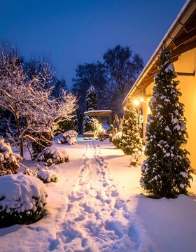 Snowy winter pathway to house exterior.