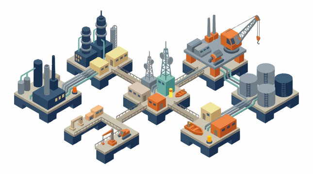 Offshore oil and gas platform complex with pipelines and cranes.