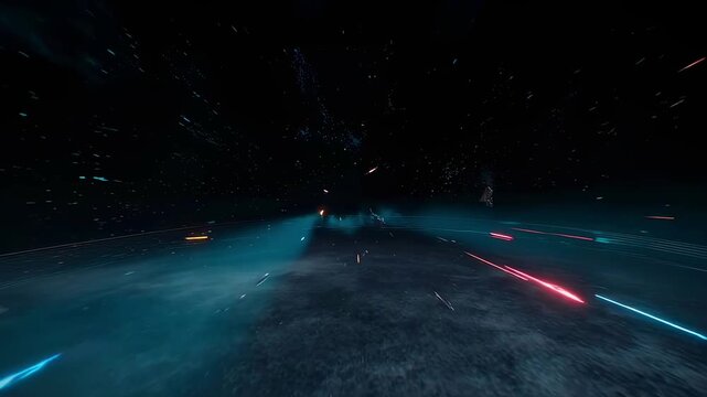 Highspeed chase above planet with vibrant laser trails illuminating darkness. Intense race through cosmic environment featuring neon streaks and energetic flashes illuminating space