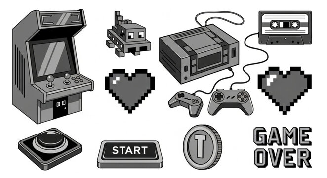 Retro Video Game Icons and Elements Collection.