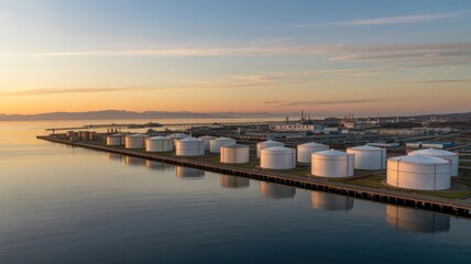Obraz premium Oil refinery storage tanks along a waterfront at golden hour.