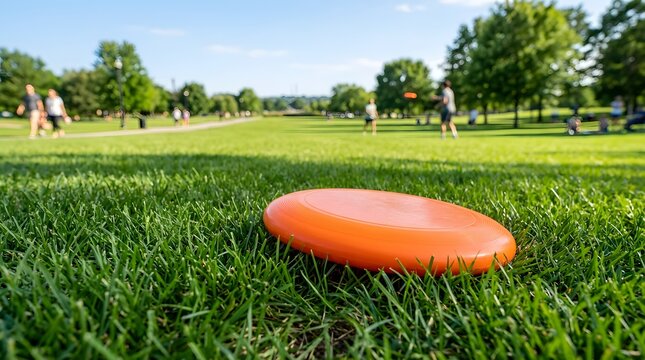Orange Frisbee on Green Grass in a Sunny Park