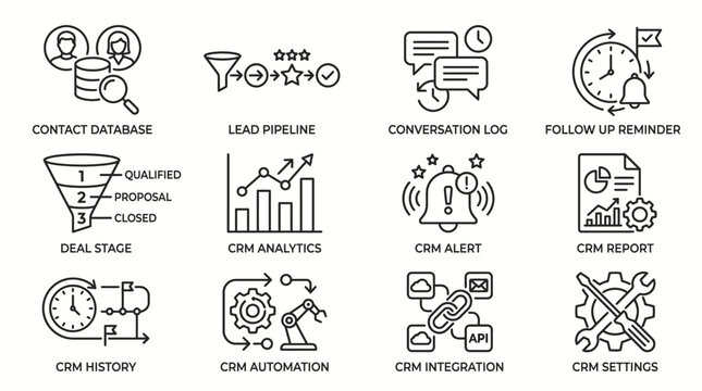 Set of CRM business process line icons for customer relationship management.