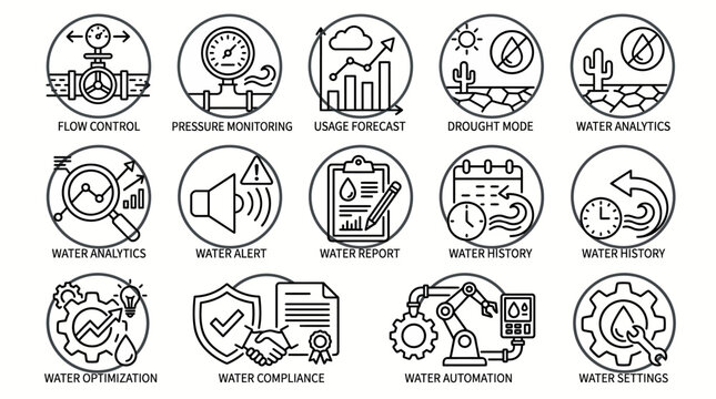 Set of water management and industrial utility line icons.