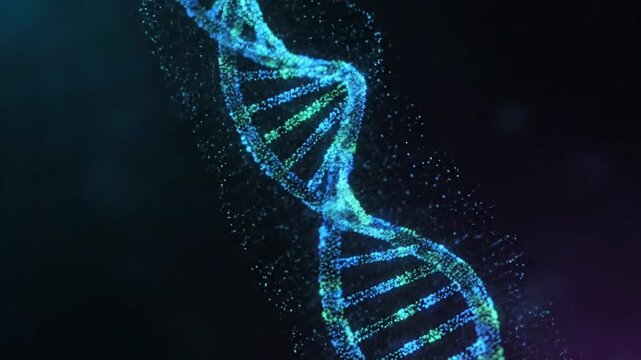 Futuristic Rotating DNA Double Helix Structure with Glowing Particles and Blue-Green Hues