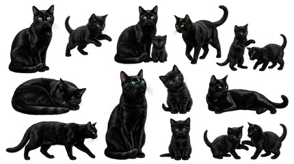 Fototapeta premium A captivating collection of elegant black cats and playful kittens in various poses, showcasing their mysterious beauty and agility for feline enthusiasts and design projects