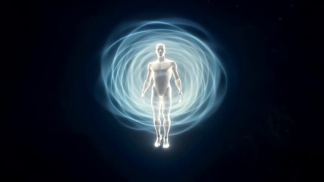 Man levitating in energy vortex with concentric rings, aura and swirling light form around central figure, serene posture and soft blue glow evoke calm focus and metaphysical balance