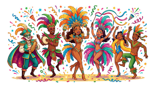 Vibrant carnival dancers in colorful feathered costumes perform a joyful street parade with confetti and festive energy