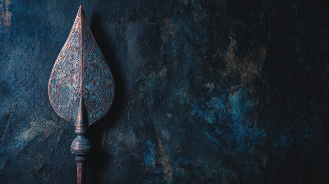 spearhead. An ornate metallic spearhead against a dark stone background. event programs, museum guides, designed for cultural heritage projects and event programs, used by creative directors.