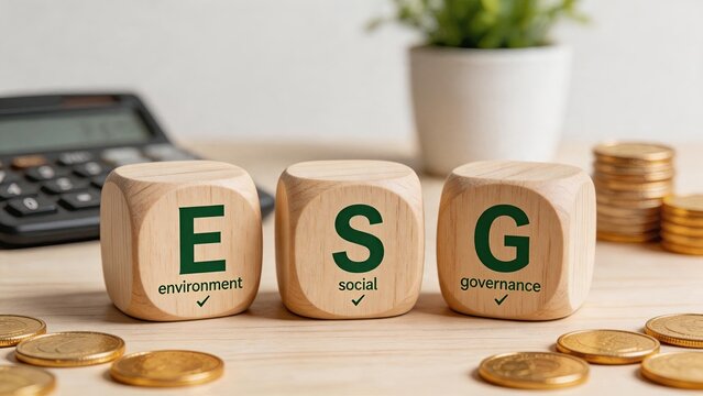 Three wooden cubes displaying ESG letters standing for Environment Social Governance on a desk with coins and calculator, symbolizing sustainable investing and corporate