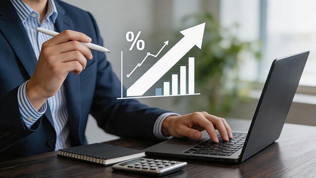 Financial growth analysis with rising arrow chart and percentage symbol, representing business profit increase and economic success strategy