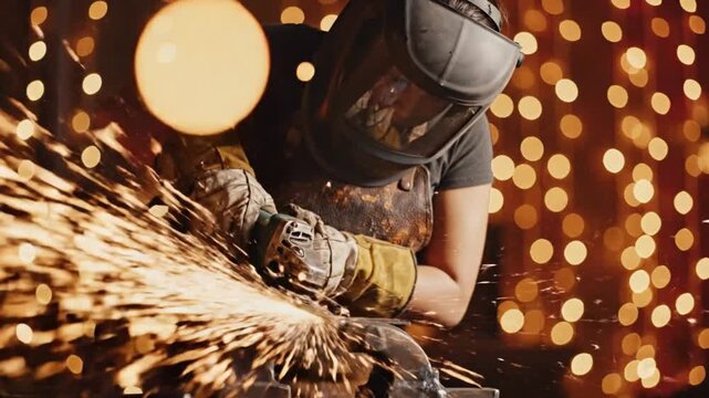 A worker in protective gear welding metal with sparks flying everywhere in a factory setting.