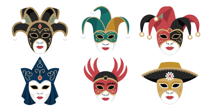 Venetian carnival masks collection with decorative patterns ornaments collars and frills in elegant vector style on green background