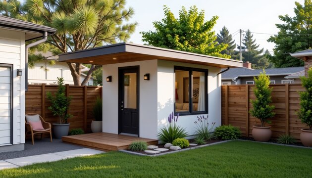 Modern backyard with a small detached office or studio surrounded by a wooden fence.