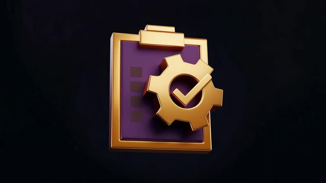 3d clipboard with gear and checkmark on purple background