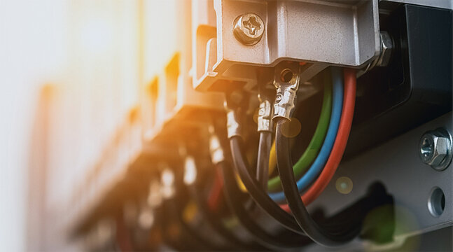 Industrial electrical wiring and terminal blocks in a control panel