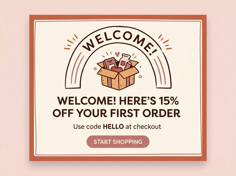 Minimalist hand-drawn e-commerce welcome banner offering 15% first order discount