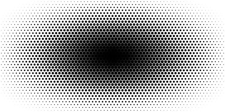 Abstract black hexagon halftone wave pattern with diagonal flow on white background