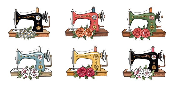 Hand drawn vintage sewing machine and flowers vector illustration set for retro tailoring fashion craft and textile design
