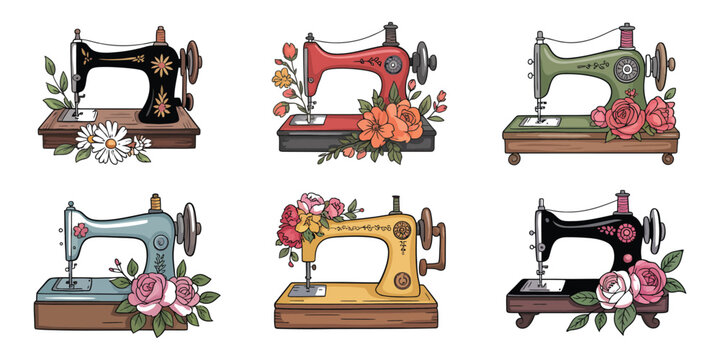 Vintage sewing machine with floral decoration hand drawn vector set representing tailoring sewing craft and elegant retro design