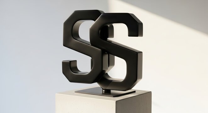 Black 3D double S letter sculpture on white pedestal.