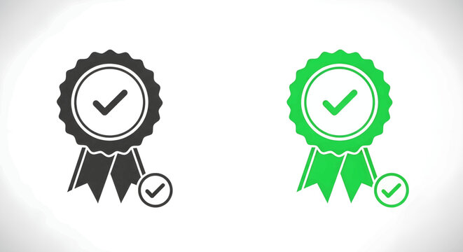 Two icons of a quality guarantee badge with a checkmark, one in black and one in green, symbolizing approval and certification.