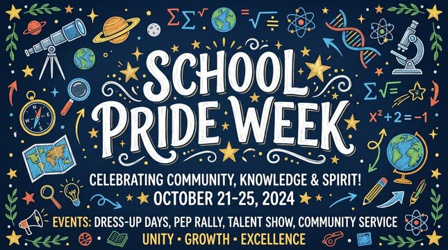 school pride week poster with educational icons and celebration theme