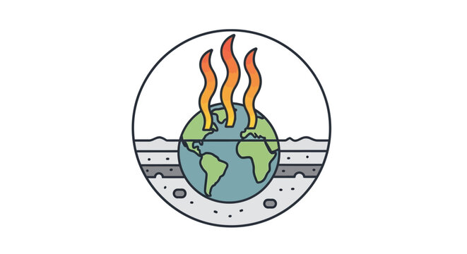 Critical challenge of climate change, depicted by a stylized icon of planet Earth engulfed in flames, symbolizing environmental disaster and rising temperatures threatening our future