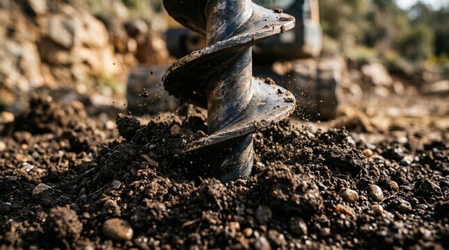 steel auger drilling into rich dark soil outdoors