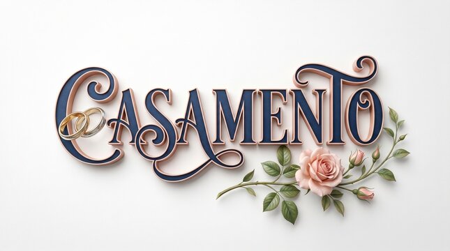 elegant cursive casamento sign with pink roses on white