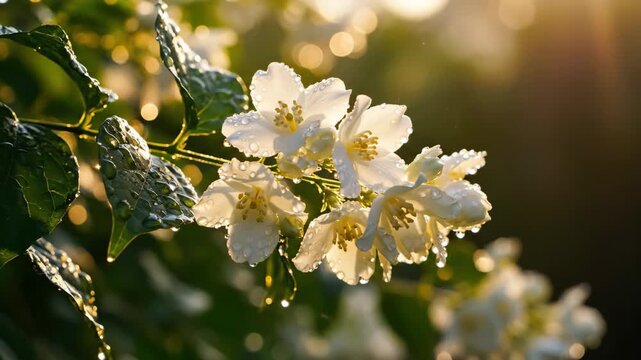 White cherry blossom flowers with dew drops glistening in soft morning sunlight on tree branch