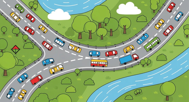Busy intersection with many cars and trucks on the road.