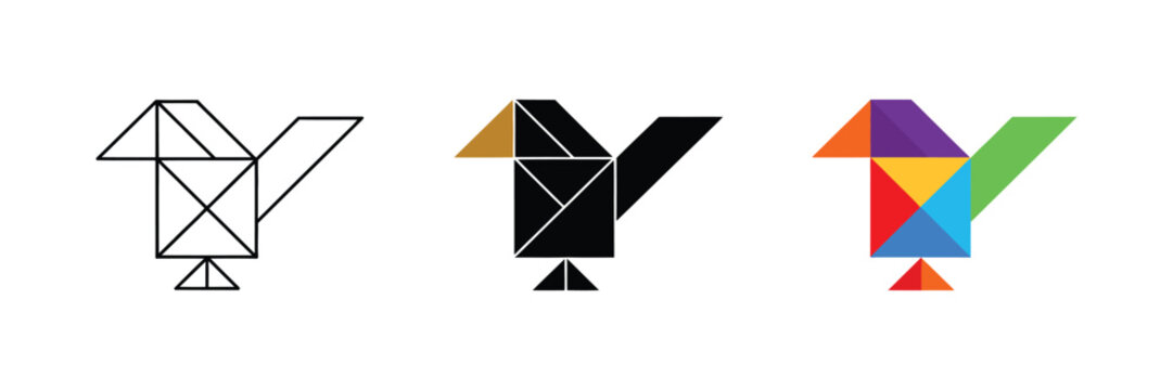 Tangram sparrow bird icon made of geometric shapes for puzzle design education and creative vector illustration projects