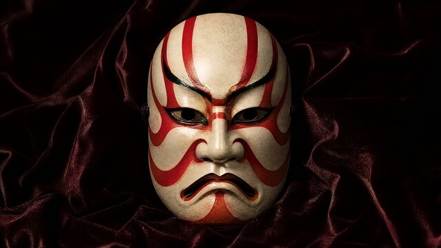 A Kabuki mask with red lines on dark velvet fabric, detailed texture, centered.