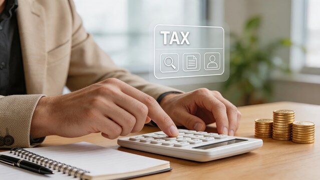 Tax calculation and accounting process depicted by hands using calculator next to coins and notebook illustrating financial compliance and revenue management duties