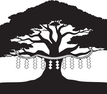 Sacred shinto tree silhouette with shimenawa rope and shide paper streamers, symbolizing Japanese tradition and spirituality.