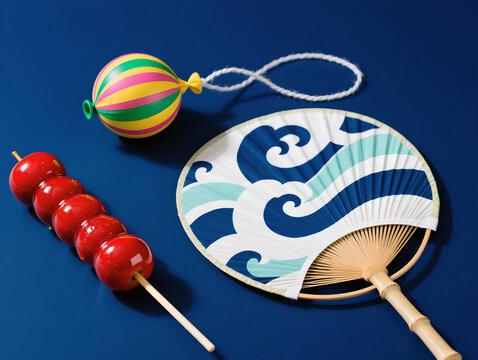 Japanese summer festival traditional items flat lay. Red candy apples, uchiwa bamboo fan with wave pattern, and colorful water balloon yo-yo on deep blue background. Minimal aesthetic concept.