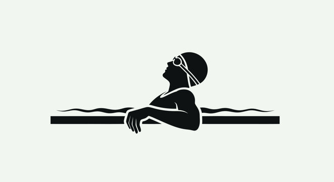 Silhouette illustration of a swimmer resting at the edge of a pool.
