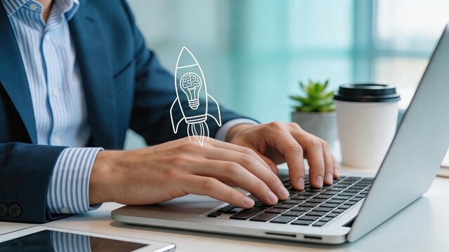 Close up of businessman hands typing on laptop keyboard with holographic rocket ship icon featuring lightbulb brain symbolizing startup innovation, creative idea launch, business