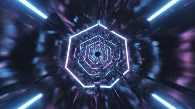Abstract digital tunnel with glowing neon hexagonal frames in a dark space