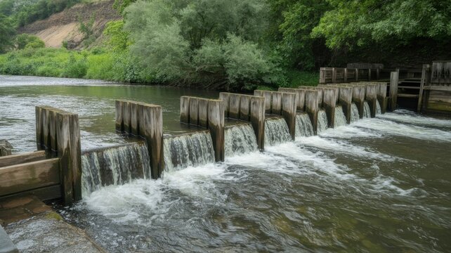 Scenic view of a wooden stepped weir on a river with green trees in a rural landscape.