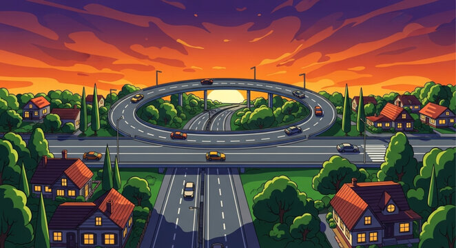 Pixel art highway interchange at sunset with cars and trees.