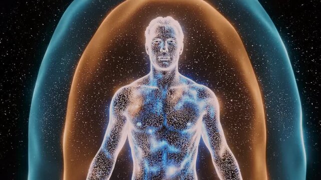 Human in energy sphere. Individual materializes inside luminous energy shell. Someone surfaces from semitransparent energy enclosure gleaming with vibrant orange and blue hues